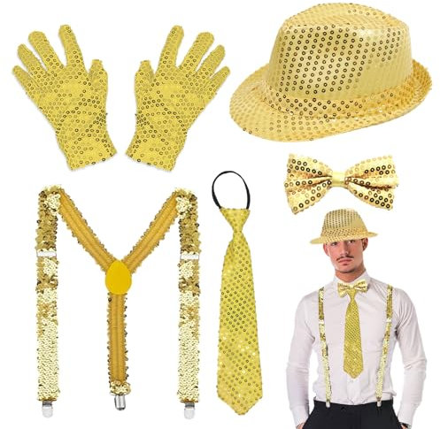 TUONYIS 5 Stück Jazz Dance Performance Hippie Accessories Pailletten Set mit Glitzer Fliege Hut Hosenträger Krawatte Handschuhe für Mardi Gras Karneval Hip-Hop Dance Mottoparty (Gold)