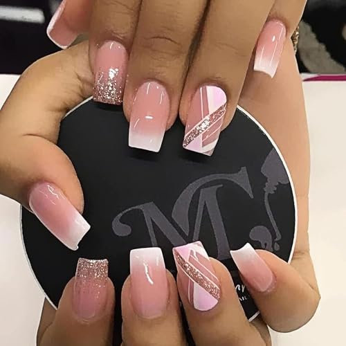 24pc French False Nails - White and Pink with Gold Glitter & Geometric Designs - Removable and Reusable - Full Coverage - Nail Art Accessories - Women's Nail Kit
