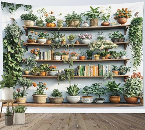 LB Tapisserie Murale Plantes vertes Tapisserie Fleur botanique et livres sur étagère en bois Couverture Murales Gîte rural Tapisseries Decoration pour Maison Salon Chambre Dortoir,235x180cm