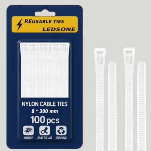 Paquete de 100 bridas reutilizables de nailon de 300 mm, color blanco, resistentes, grandes, de plástico, gruesas, color blanco, 300 x 8 mm