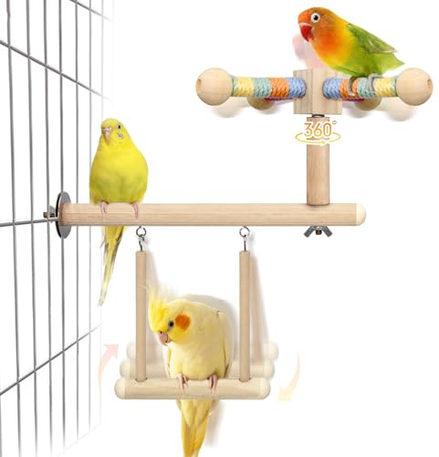 Jevnd Bird Perch & Swing Toy Combo, Bird Toys for Parrots with 360° Spin Function, Hanging Parakeet Swing Birds Cage Accessories Toys, Multi-functional Wooden Birds Activity Gym for Cockatiel Lovebird