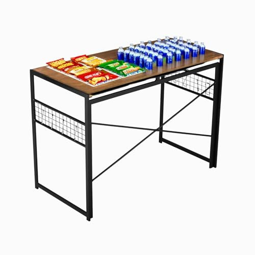 FurnitureR Ausstellungstisch faltbar 100x50cm - Verkaufstisch Messe mit Stahlrahmen, Haken & Gitter, 50kg, schnell aufbaubar, platzsparend (Braun Holzoptik)