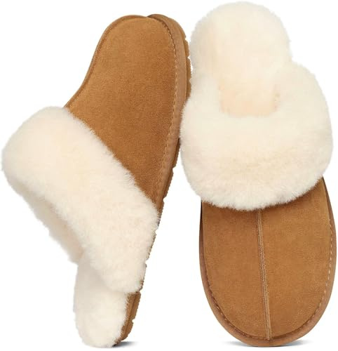 KIDMI 100% Genuine Suede Slippers for Women Fuzzy Warm Scuff House Shoes