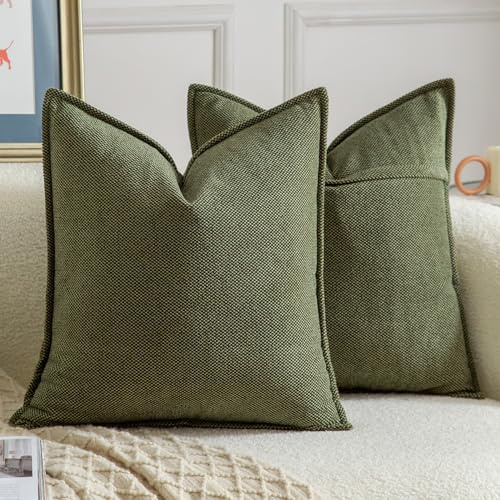 Madizz 2er Set Chenille Dekorativ Moosgrün Kissenbezüge Weiche neutrale Wurfkissen für Sofa Boho Akzent Zierkissenbezüge für Schlafzimmer Wohnzimmer Modernes Zuhause Dekor 60x60 cm