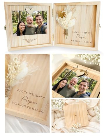 Joli Coon Papa Geschenk, Holzbox, 14 x 14 x 3 cm | Echte Trockenblumen, Magnet für Foto, Glück ist es einen Papa wie Dich zu haben, als Erinnerungsbox aufstellbar