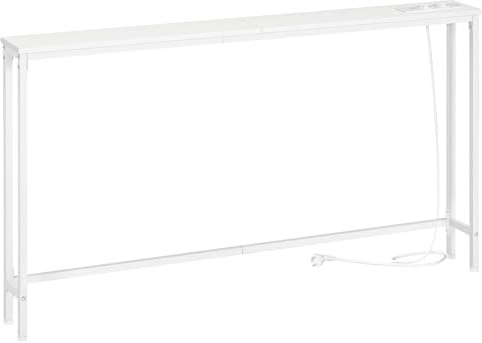 HOOBRO Table Console Fine 140 cm, Bout de Canapé avec Multiprise, Table d’Entrée, Console Meuble Adaptée Derrière Le Canapé, pour Salon, Couloir, Cadre en Métal, Blanc EWW145CXG01
