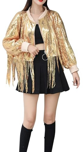 Pailletten Bomberjacke Damen Kurze, Glitzer Jacke mit Reißverschluss, Fransen Lametta Cardigan Jacke, Party Club Fliegenjacke, Festliche Glänzende Outfit, Karneval Party Kostüm Lametta Jacken