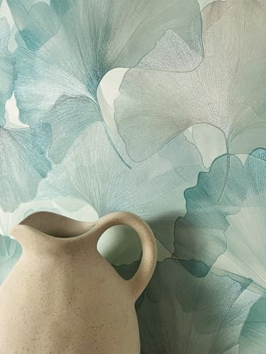 Newroom Vliestapete Türkis Blumen Ginkgo Blatt Tapete Wohnzimmer | changierender Schimmer, Mintgrün cremeweiße Akzente, Boho maritim Wandtapete, florale Mustertapete, Badezimmer Schlafzimmer