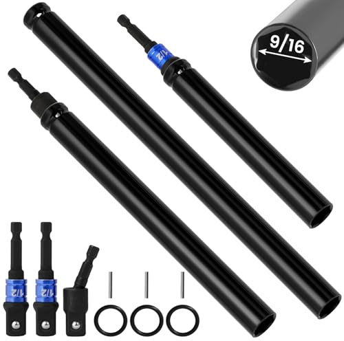 SHAOHUA 9/16(14mm) Nut Driver 6 8 12, Deep Nut Runner Hollow Socket w/ 1/4 Hex Shank Adapter, 1/2 Drive 9/16 Socket for Ceiling Long Threaded Rod Bolts/Ductwork, 3 Length for Overhead Fastening