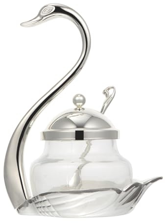 Lurrose Bote para Condimentos de Vidrio con Diseño Cisne, Tarro para Sal y Azúcar, Recipiente con Aleación de Zinc, Cuchara Incluida, Adecuado para Cocina y Comedor, Accesorio Práctico
