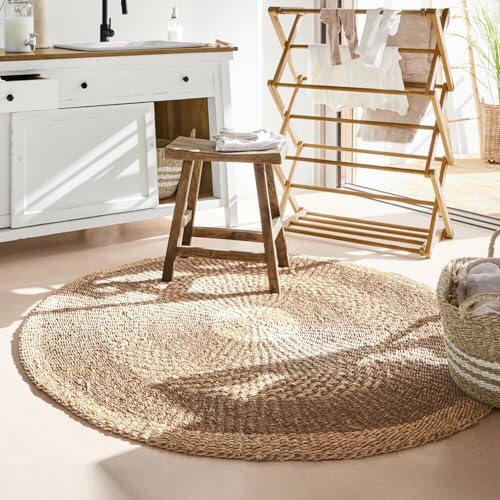 Loberon Teppich Farivon - Boho-Flair - Angenehme Haptik - Natürlicher Look - Ø 150 cm - Wohntextilien - Seegras - Palmblatt, braun/beige
