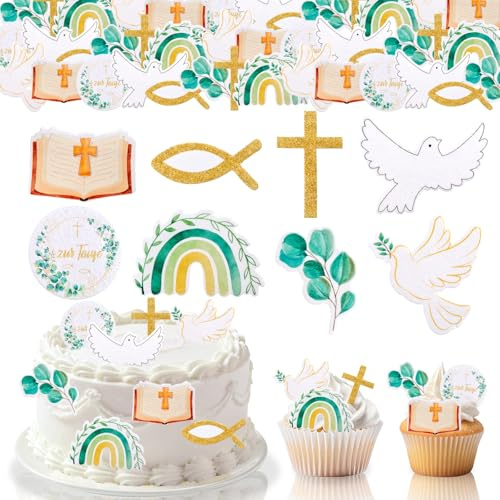 GoldRock Essbare Tortendeko Taufe Junge Mädchen,48× Deko Taufe Tortendeko Essbar,Taufdeko Torte Grün,Fisch Tauben Deko Kuchen für Kommunion,Erstkommunion,Esspapier Taufdeko Cake Topper,Muffin, Cupcake