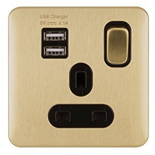 Schneider Electric Lisse Screwless Deco - Switched Single Power Socket, 13A, Single Pole, with 2 USB Charging Ports, 2.1A shared, GGBL30102USBABSBS, Satin Brass with Black Insert