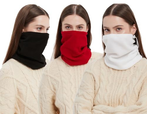 Golden Apple 3PCS Winter Sport Warmer Neck Gaiter Fleece Face Mask Skiing Cycling Windproof Balaclava Scarf For Men Women (Black+White+Red)