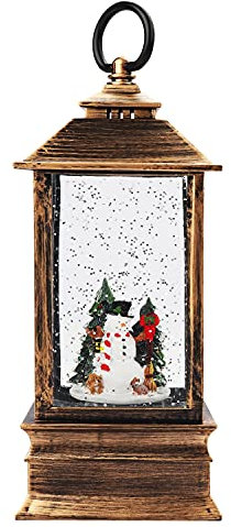 BELLE VOUS Schneemann Schneekugel Laterne Weihnachten - Schneelaterne mit Schneemann & Baum (25x9cm) - Weihnachtsdeko Innen Beleuchtet mit Wasser, Glitzer Gefüllte Bronze Laterne - Geschenk, Tischdeko