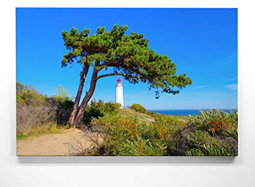 Atemberaubende Ostsee Leinwand-Bilder als XXL Wandbild 90cm x 60cm, Motiv Hiddensee, Leuchtturm 1. Einzigartiges Panorama-Bild für Wohnzimmer, Schlafzimmer. aufgespannt auf 4cm Holz-Keilrahmen