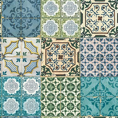 BRICOFLOR Vliestapete | Retro-Tapete Tapete Retro Historische Tapeten - Tapete Küche Küchentapete Tapeten für Küche - Blau, Gelb, Grün | 10,05 x 0,53 m = Rolle 5.33 m²