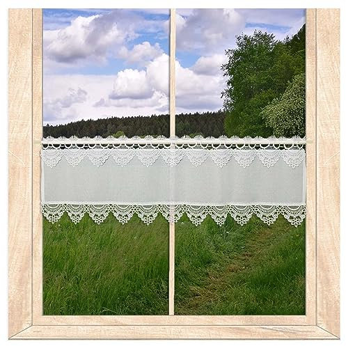 atelier alles-Spitze Landhausgardine Marie aus blickdichtem Feinbatist in 2 Höhen | Weiße Scheibengardine mit Blumenmuster-Spitzenkanten | Höhe x Breite: 25 x 80 cm