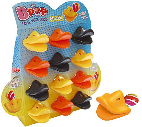 WOM Quack, Entenschnabel-förmige Lutscher | Mehrfarbiger Süßigkeiten Schnuller mit Erdbeergeschmack | Display 12 Einheiten von 15 gr. Erdbeerkaramell