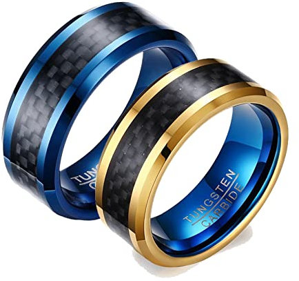 ANAZOZ 2 Stück Eheringe Paarpreis Wolfram 8mm Kohlefaser Bicolor Poliert Ringe Partnerringe Bandringe Herren Ring Breit Gold Blau Ringe Set Billig Frau:60 (19.1) & Mann:62 (19.7)
