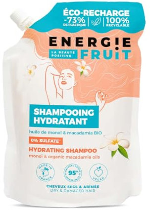 Energie Fruit, Eco Recharge Shampooing Sans Sulfate - Cheveux Abimés, Monoï & Huile De Macadamia Bio, Vegan, 500ml