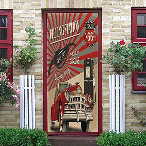 JGCAI 3D Sticker De Porte Trompe l'oeil Effect Voiture Rouge Autocollant Porte Poster PVC Auto-Adhésif Amovible Autocollant pour Salon Porte Cuisine Chambre Salle De Bain 90x200cm