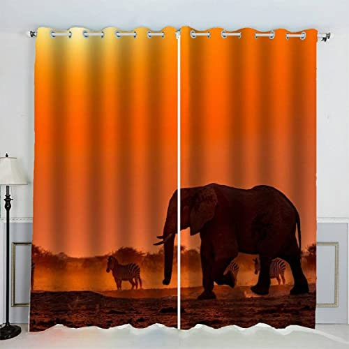 Aolity Blickdichte Gardinen Kinderzimmer Vorhänge Elefant Zebra Sonnenuntergang Verdunkelungsvorhang Lichtundurchlässige Vorhang mit Ösen 3D Polyester Vorhänge 150 x 166 BxH