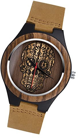 MicLee Herren Einfach Holzuhr Cooles Totenkopf Zifferblatt Analog Quarzwerk Armbanduhr Für Männer Ehemann Geschenke