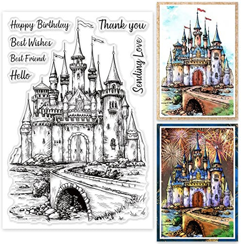 GLOBLELAND Vintage Schlosshintergrund Silikonstempel Briefmarken Transparente Stempel Retro SchlossKlare Stamps Für Karten Herstellung DIY Scrapbooking Basteln