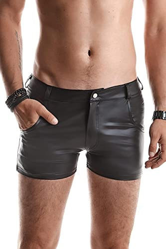 Herren Wetlook Shorts schwarz elastisch mit Taschen Kurze Männer Hose mit Reißverschluss
