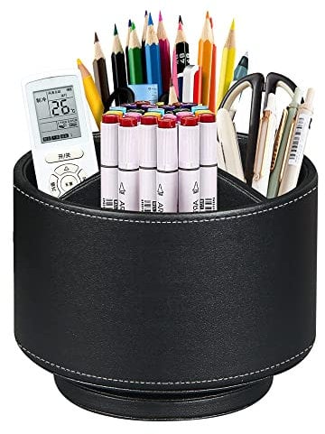 PUSU 360° Drehbarer Fernbedienungshalter, PU Leder Kreisförmig Fernbedienung Organizer mit 4 Fächer, TV fernbedienung aufbewahrung, Multifunktion Nachttisch Schreibtisch Organizer Büro Stiftehalter