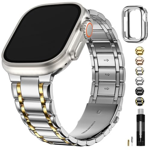 Fullmosa Kompatibel mit Apple Watch Armband Ultra 2/Ultra 49mm, Edelstahl Apple Watch Ersatzarmbänder für Damen Herren, Metallarmband mit TPU-Schutzhülle, Silber mit Gold
