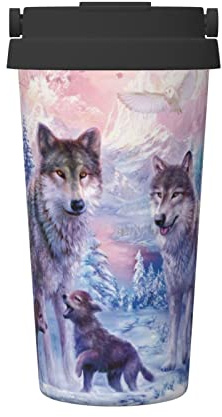 Baykay Thermobecher mit Wölf-Motiv, isoliert, Edelstahl, Reisebecher mit auslaufsicherem Deckel für heißes und kaltes Wasser, Kaffee und Tee (500 ml)