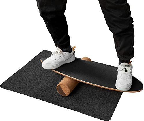GYMAX Balance Board aus Holz Balancebrett mit Korkrolle & Schutzmatte Gleichgewichtsboard für Indoor-Surfen Indoorboard Surfboard (Schwarz)