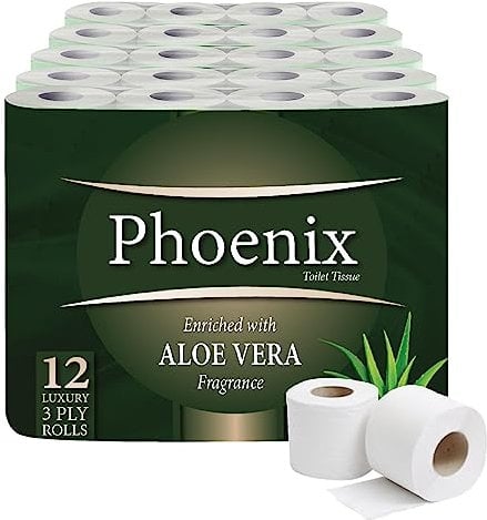 Phoenix Soft Aloe Vera Fragranced Luxury Toilet Rolls Bulk Buy - Quilted White 3 Ply Toilet Paper (12 Pack)