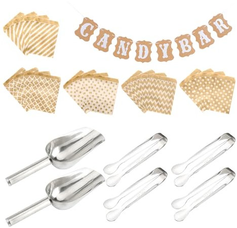 Juego de 27 herramientas para fiestas de dulces, incluye 4 pinzas para caramelos, 2 palas de azúcar, 1 extractor de pancartas y 20 bolsas de papel kraft, juego de herramientas para fiestas de bbq