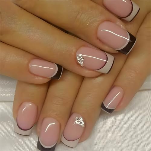 24pcs French Tips Black White Fake Medium Square Press on Nails Nail Art Decoration for Women and Girls Manicure