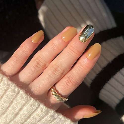 Angwis Lot de 24 faux ongles courts ovales à coller sur les ongles - Marron clair - Couvrance complète - En acrylique - Pour femme et mariée