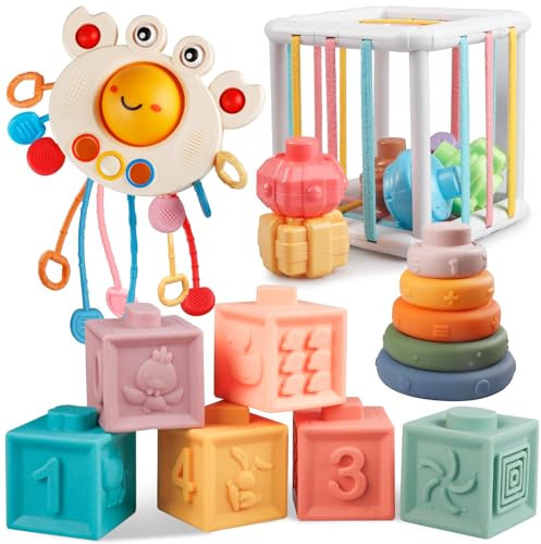 Plunack Montessori Spielzeug Baby, 4 in 1 Sensorik Bausteine Stapelspielzeug, Motorik Lernspielzeug für Kleinkinder Geschenk JungeMädchen