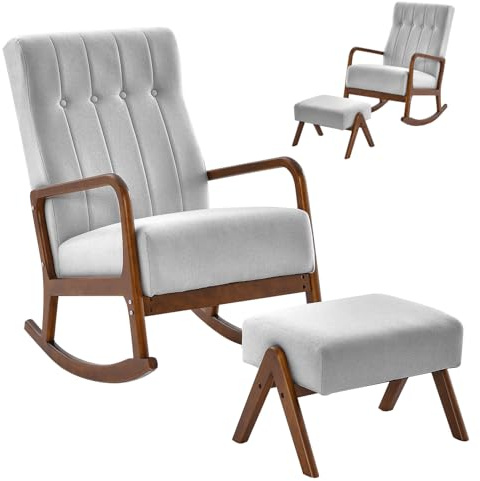 Multigot Rocking Chair and Footstool Set, Upholstered Wooden High Back Glider Chair with Ottoman, Mid Century Leisure Lounge Armchair for Living Room Bedroom Nursery (Grey)