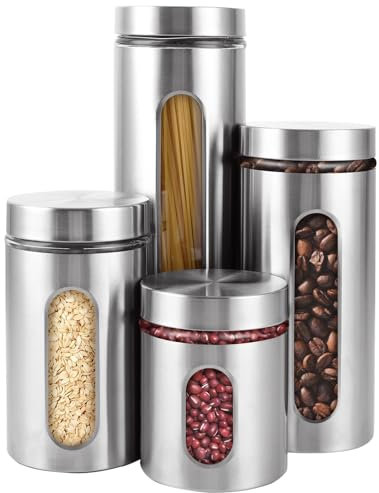 YAYODS 4er Set Vorratsdosen - Kaffeedose Edelstahl mit Sichtfenster - 4 Größen Edelstahl Kaffeepads Dose - Kaffeedosen mit Deckel für Kaffee, Tee, Mehl, Müsli, Kekse