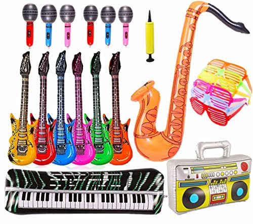 22 Pezzi Strumenti Musicali Gonfiabili,Gonfiabile Rock Star Set,Gonfiabili Chitarre,Piano per Tastiera e Pompa,Gonfiabili Microfoni,Radio Sassofono Gonfiabili,Comius Occhiali Divertenti