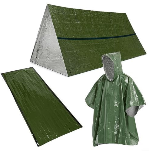 URPIZY 3-in-1 Outdoor-Notfall-Überlebens-Set, Thermo-Regenmantel, Schlafsack, Zelt-Set für Outdoor-Camping, Olivgrün