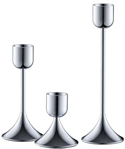 idyllictime Kerzenhalter Metall Schwerer Sockel für Kegelkerzen Stabkerzen Tischdeko Dekoration (Silbrig, 1 Set (3 Pcs))