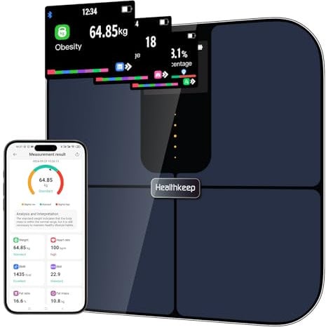 Healthkeep Personenwaage, angeschlossen, Bluetooth, mit TFT-Farbdisplay und ITO-Technologie, 25 Körperdaten mit Herzfrequenz, App, für Android und iOS, 180 kg/400 lb/28st, Blau