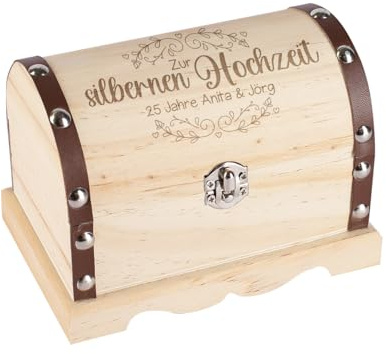 Herz & Heim® Personalisiertes Hochzeitsgeschenk Schatztruhe mit Gravur in verschiedenen Größen (Silberne Hochzeit, ca. 11 cm x 7,5 cm x 6,5 cm (B/H/T))