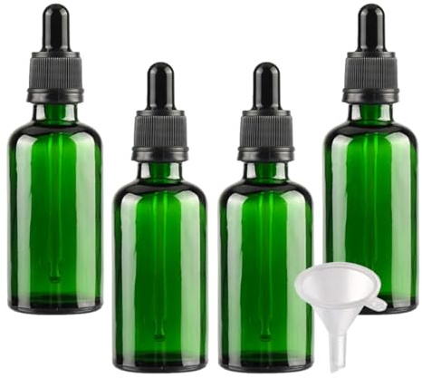LusDoly 4 Pcs 50ml Green Glass Dropper Bottles with Tamper-Evident Screw Cap Bottle Vials for Essential Oil Aromatherapy Fragrance Blends