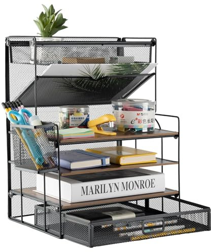 ZNMYDMT 4 Tier Desk Organizers and Accessories, Paper Letter Tray Organizer,Vintage Wood Desk File Organizer with Stationery Tray and Pen Holders for School Home Office Supplies