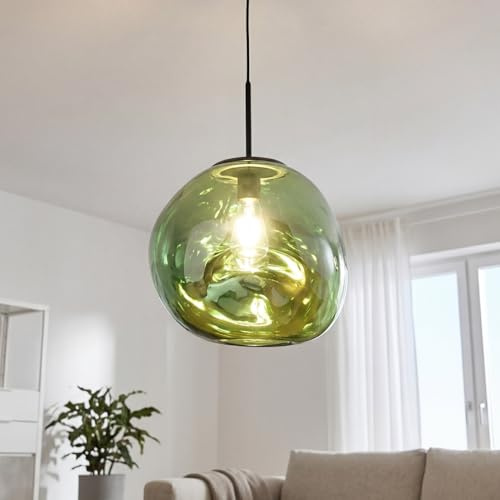 Licht-Erlebnisse Pendelleuchte Glas Grün Esszimmer Esstisch Metall E27 Ø36 cm rund Modern mundgeblasen verspiegelt Lava-Glas dekorativ Hängelampe Wohnzimmer