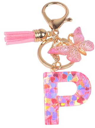 YPYMOD Lnitialen Schlüsselanhänger Quaste Schmetterling Pailletten Liebe Brief Schlüsselanhänger,Rosa(P)